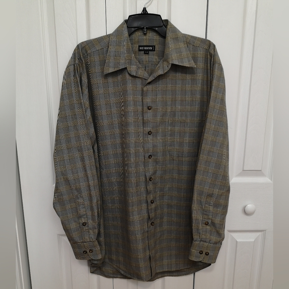 Vintag Holt Renfrew Gray Plaid Cotton Button-Down Shirt Large - Canada Made